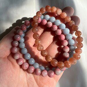 Genuine Sunstone Angelite Peruvian Rhodonite Gemstone Healing Stretch Bracelets